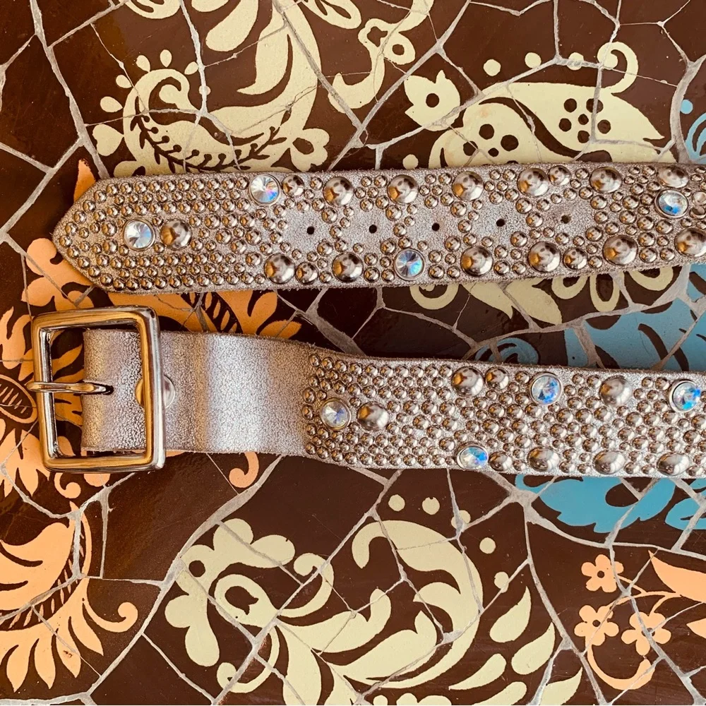 RHINESTONE & STUD Design Leather Belt Sz: L